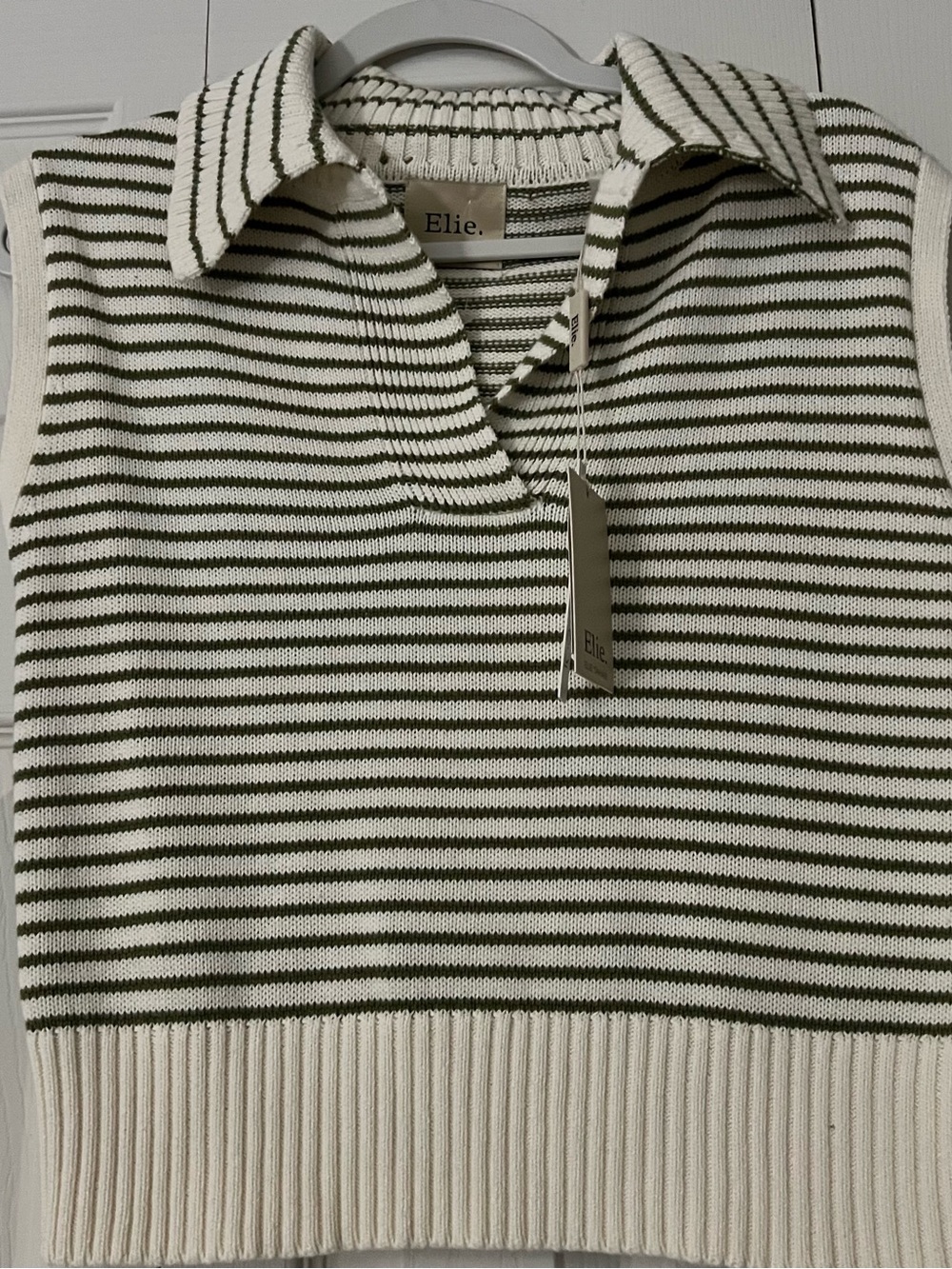 Elie Tahari Cream and Olive Striped V‑Neck Sleeveless top